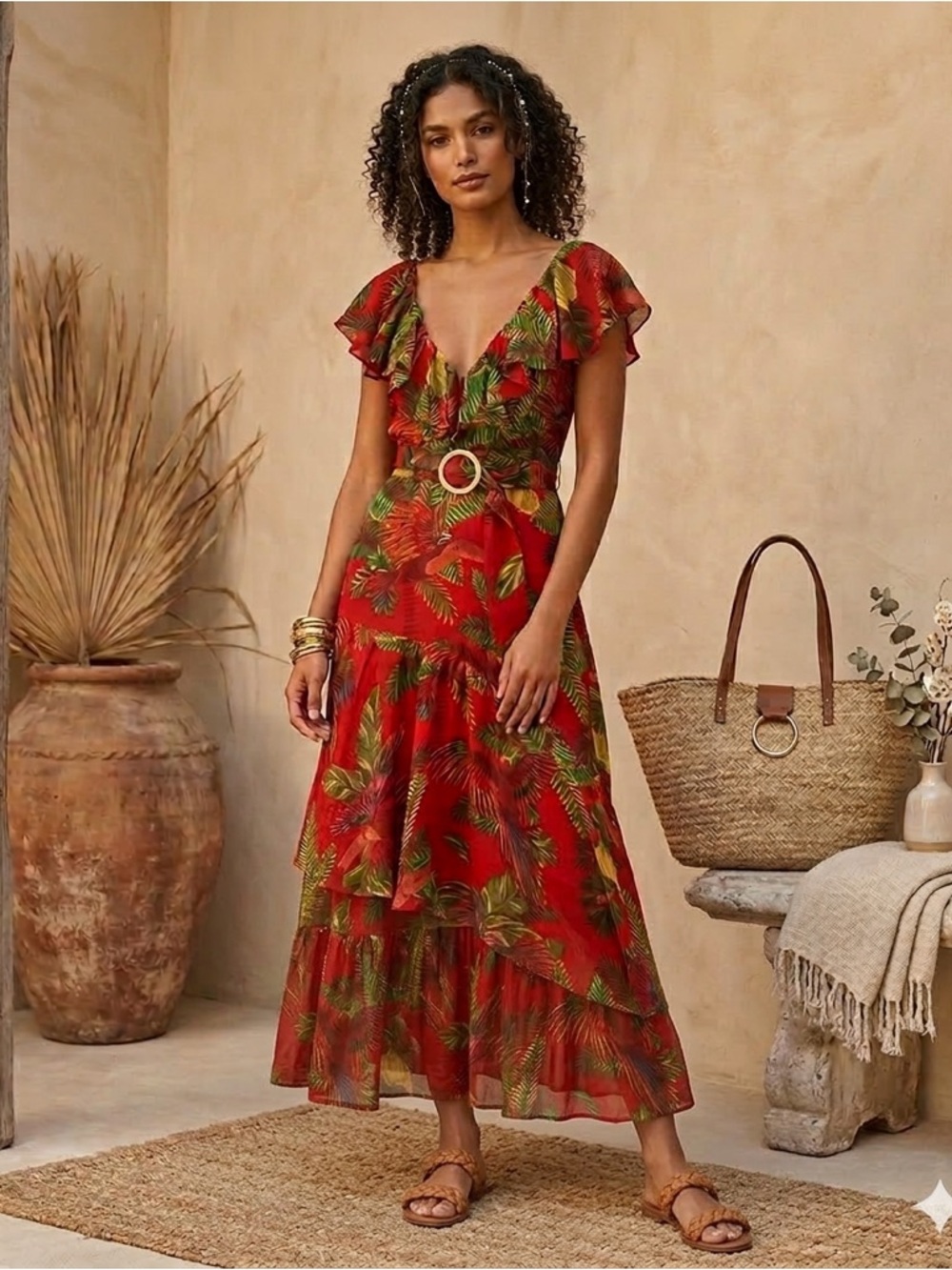 Farm Rio Red Forest Birds Belted Midi Dress XS NWT